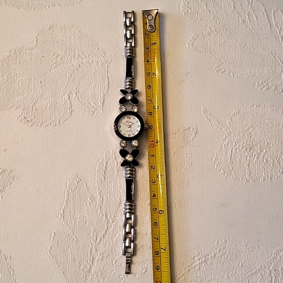 Floral Silver-tone & Black Enamel Watch with Sparkling Crystals! - Picture 8 of 14